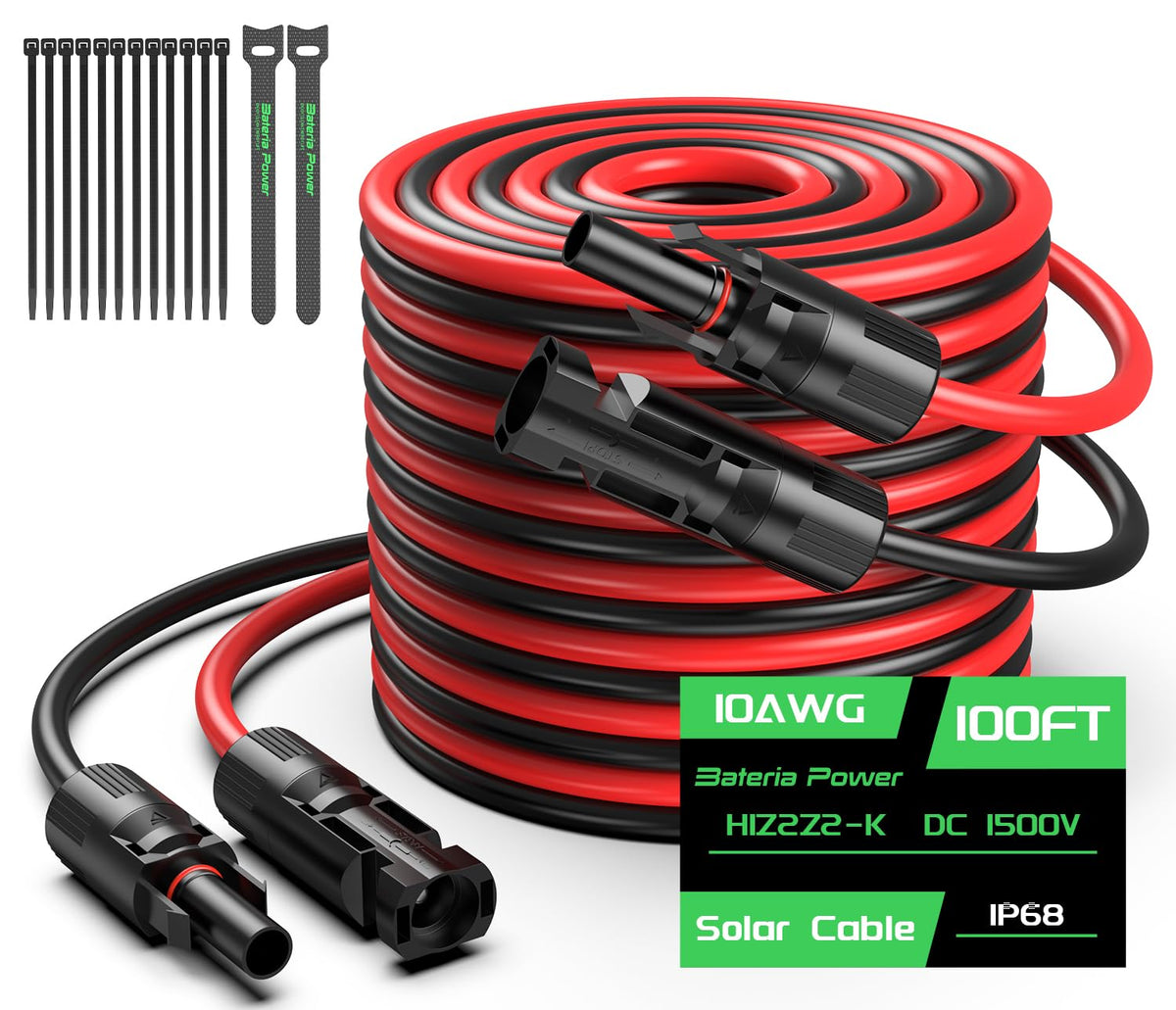 Bateria Power 100FT 10AWG Solar Panel Extension Cable black