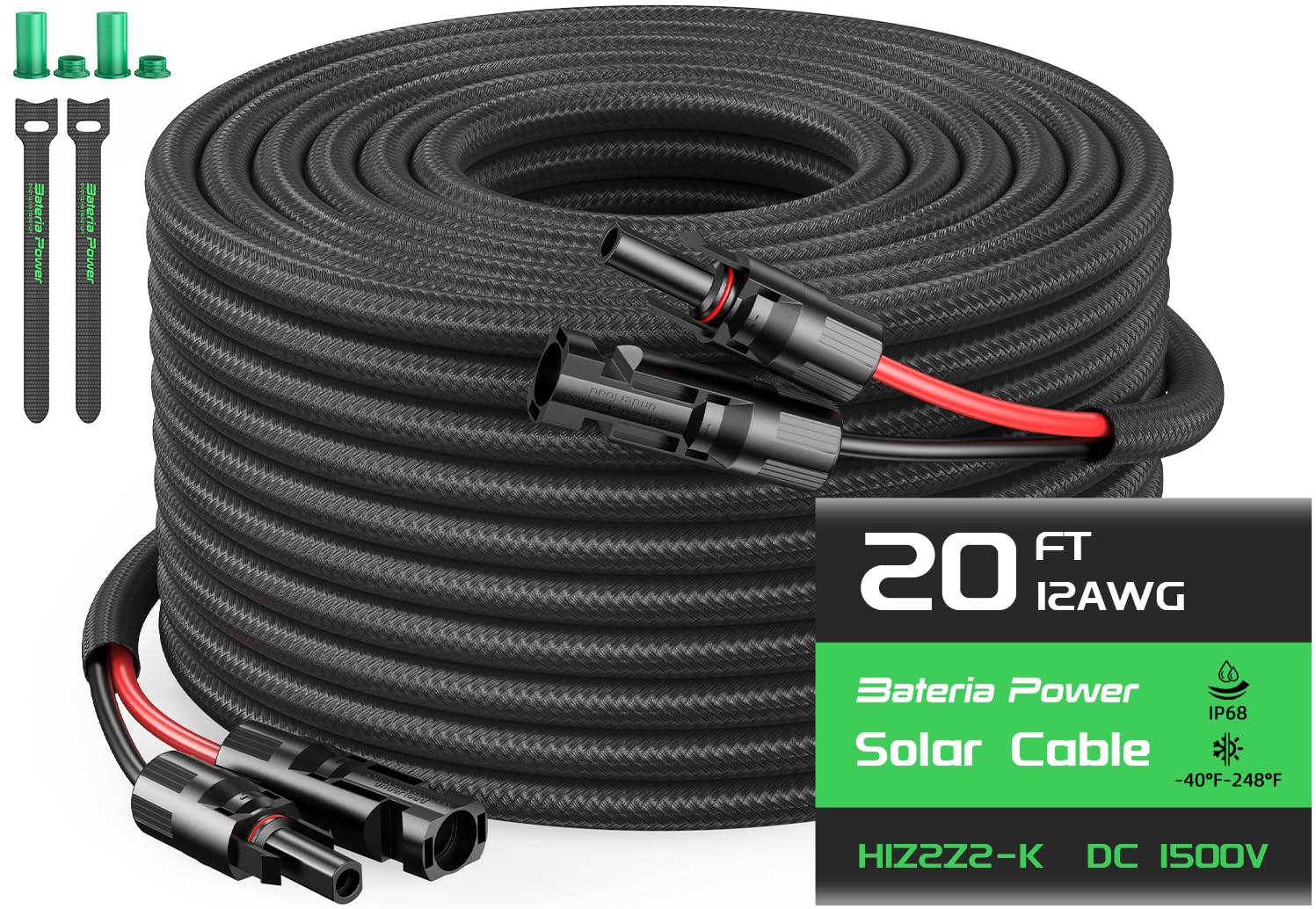 Bateria Power 20FT Twin Wire Solar Panel Extension Cable, Black