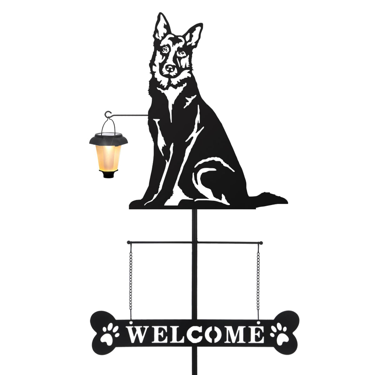 BAYN Solar German Shepherd Welcome Sign front view with lantern