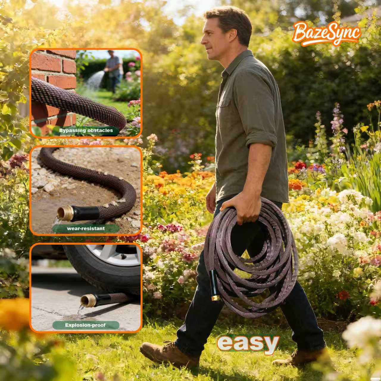BazeSync hose laid out on grass, showing flexibility