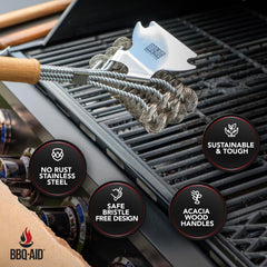 BBQ-Aid Grill Brush ergonomic acacia wood handle close-up