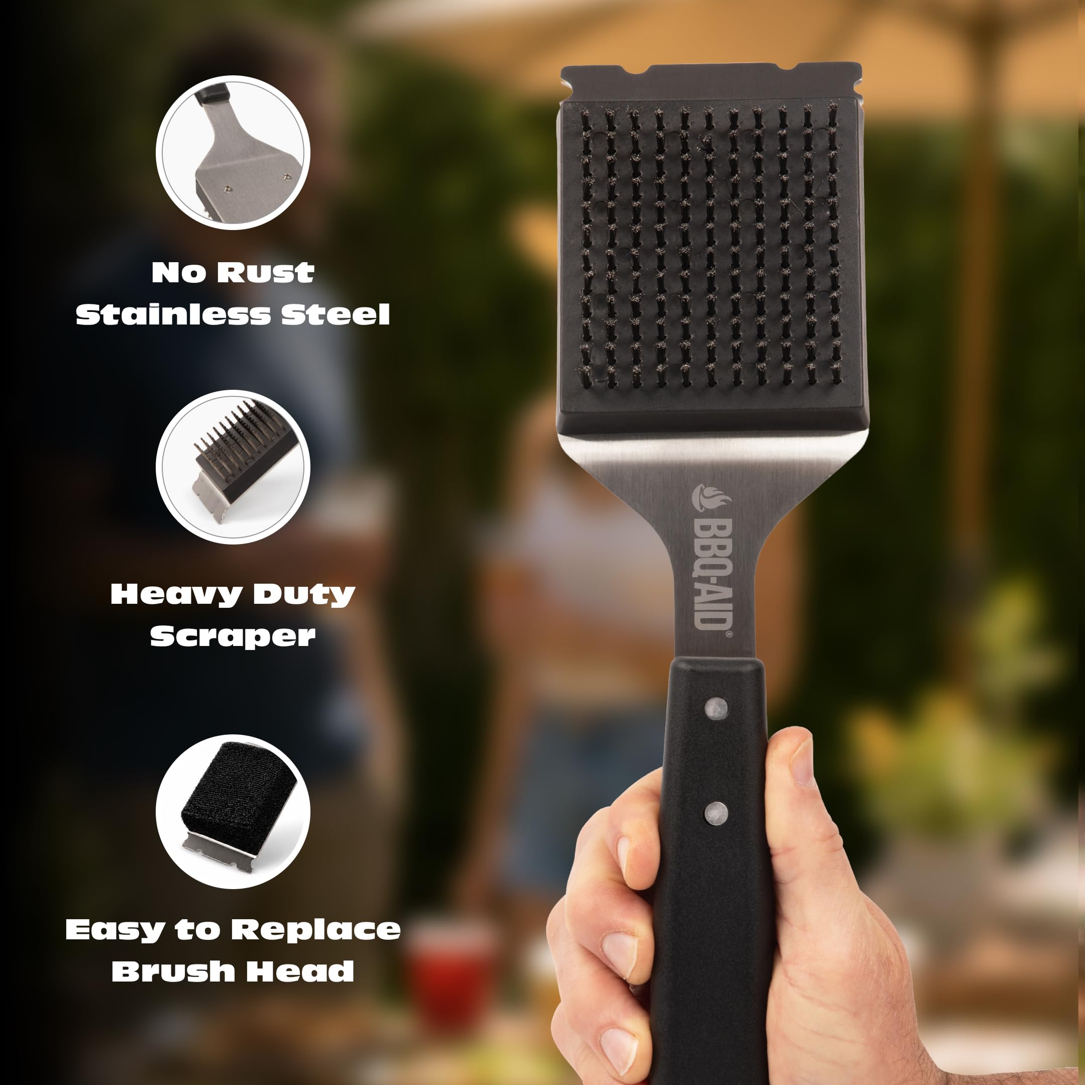 BBQ-Aid Grill Brush showing stainless steel bristles and scraper
