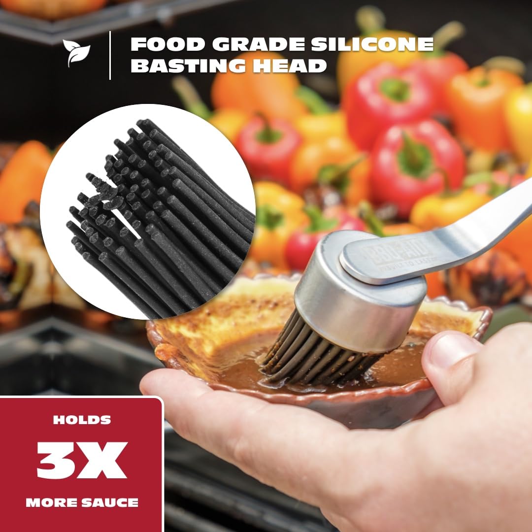 BBQ-Aid silicone basting brush in use with ribs on grill
