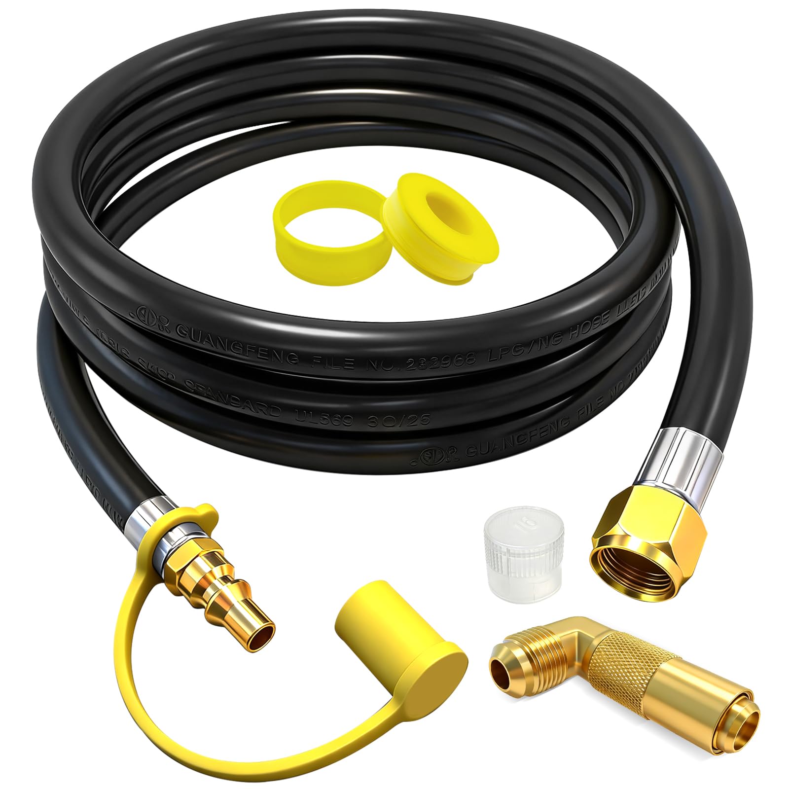 BBQHKCX 8ft RV Quick Connect Propane Hose with elbow adapter front view