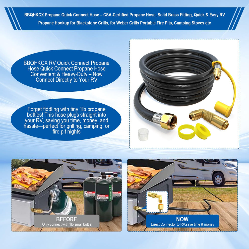 BBQHKCX propane hose connected to a Blackstone griddle