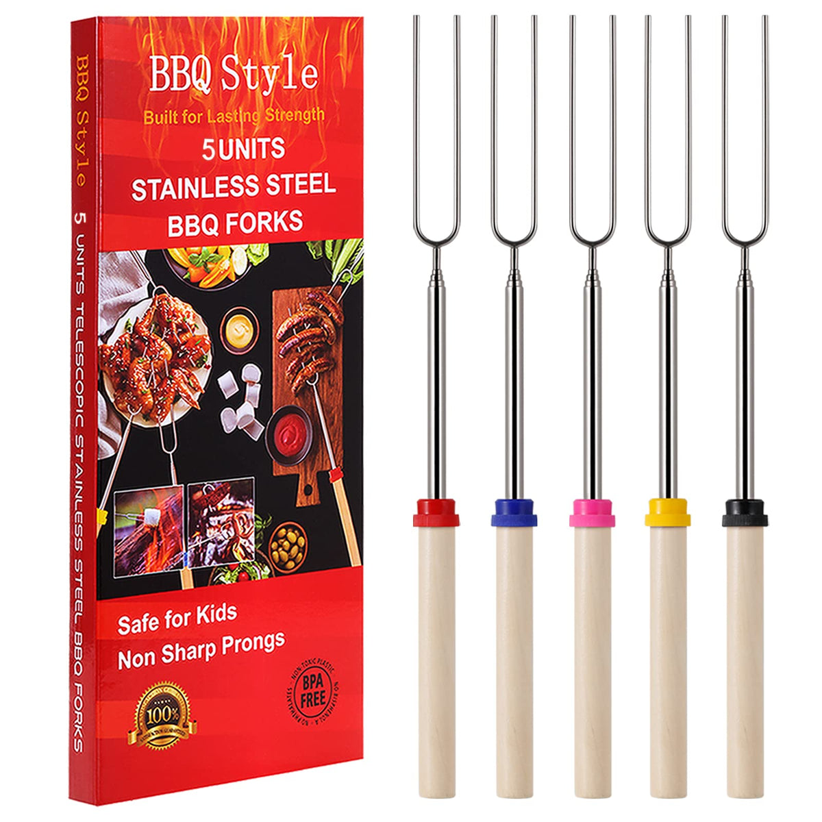 BBQStyle Marshmallow Roasting Sticks front view with colourful handles