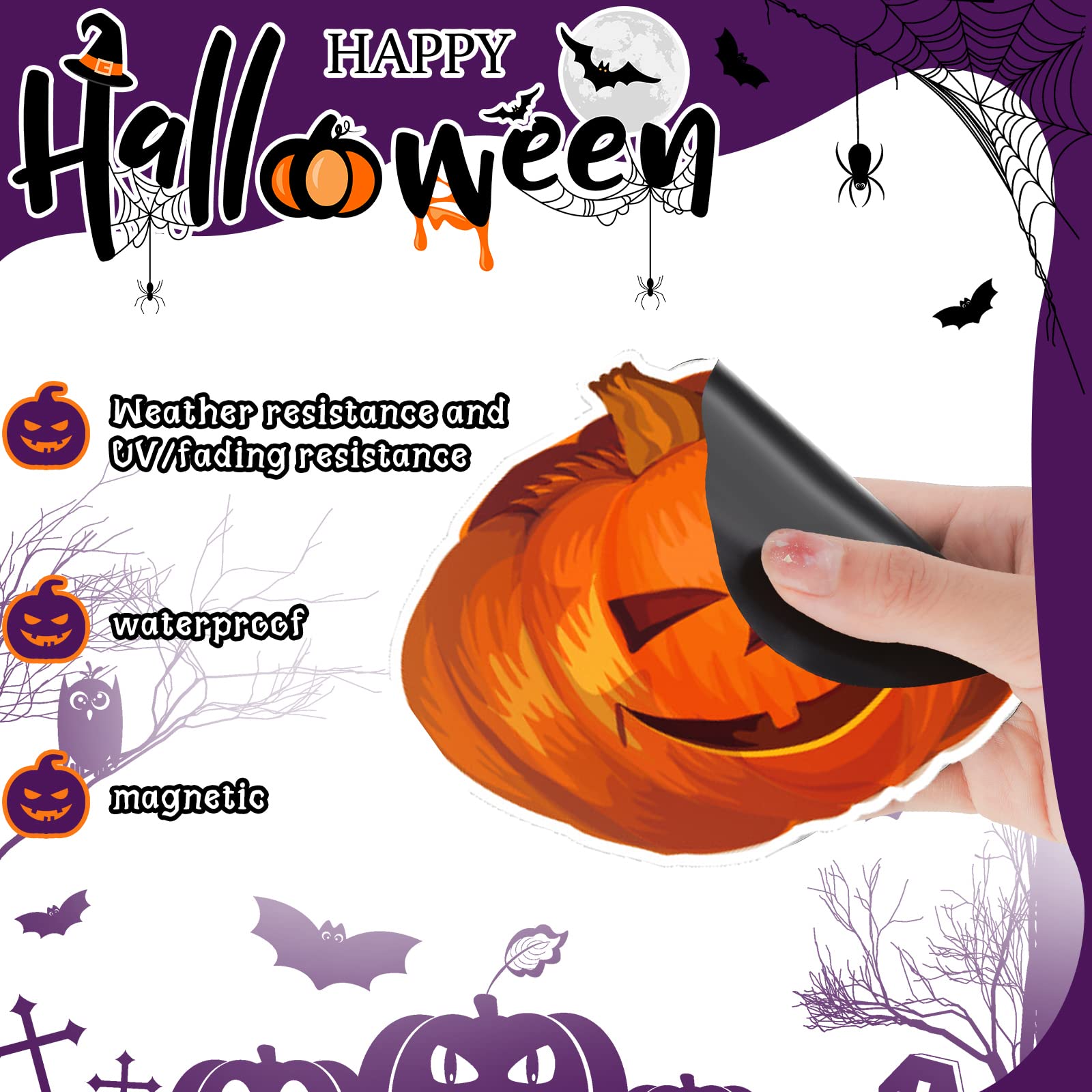 BBTO Halloween garage door magnets arranged on a metal surface