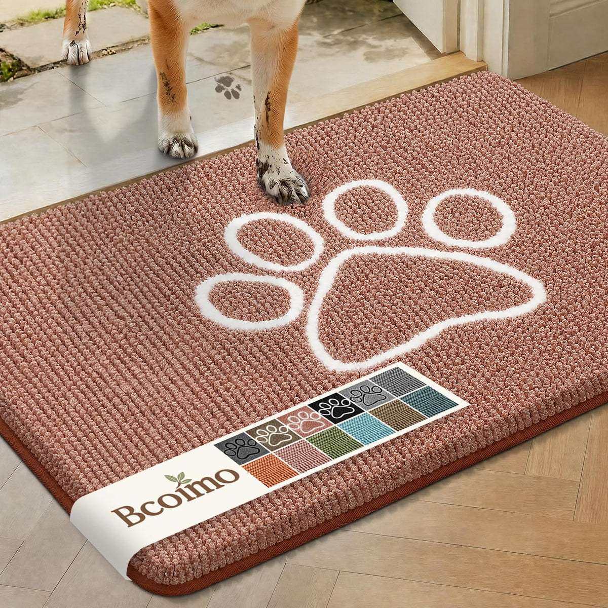 Bcoimo Dog Door Mat 36"x24" in Heather Brown with Paw Design