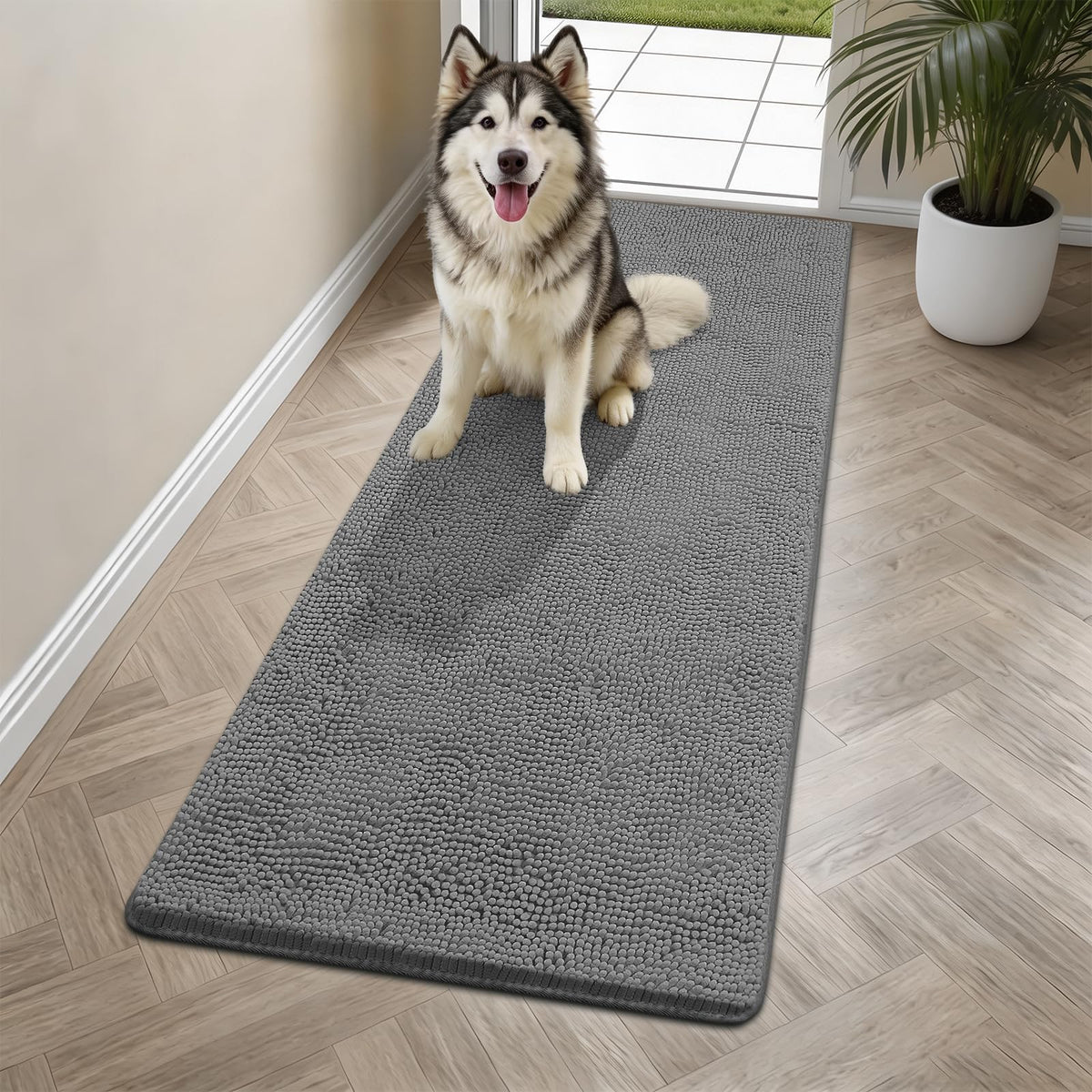 Bcoimo Dog Door Mat 60"x24" in gray with plush chenille texture