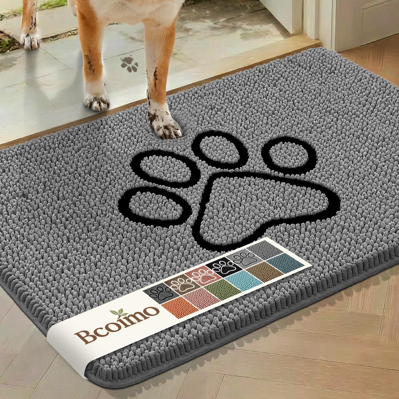 Bcoimo Dog Door Mat gray with paw design, front view