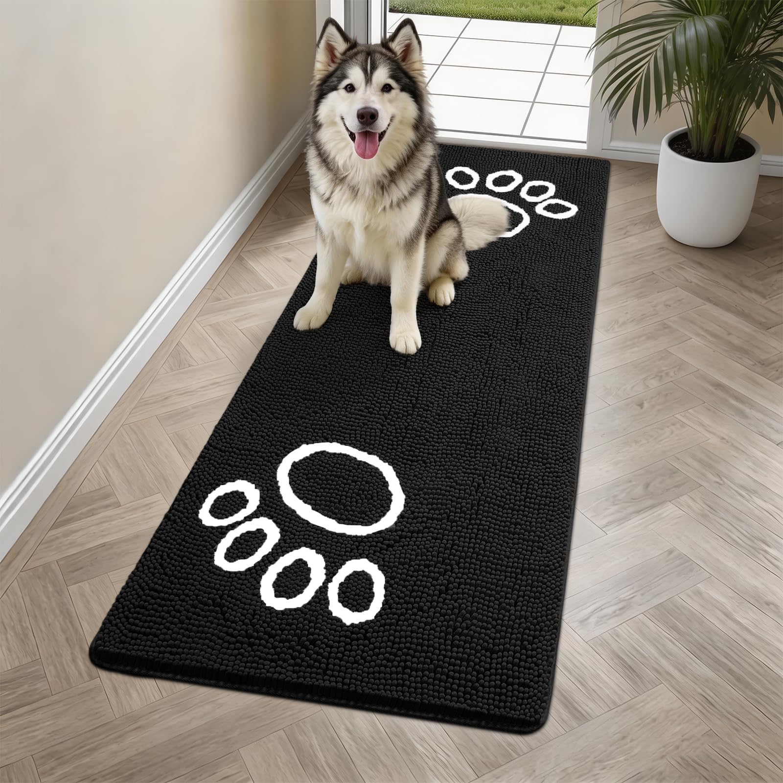 Bcoimo Super Absorbent Dog Door Mat 60" x 24" front view in black with paw design