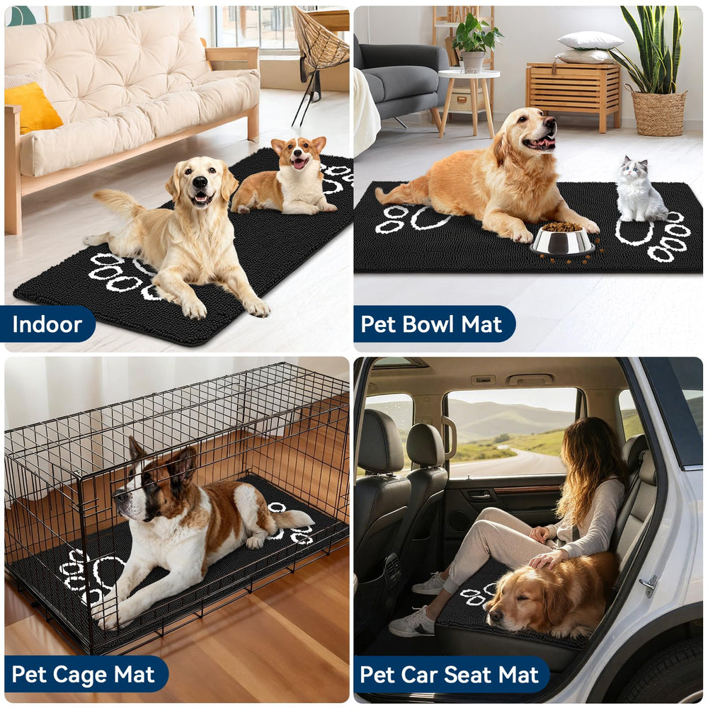 Bcoimo Super Absorbent Dog Mat in black with paw design, close-up view