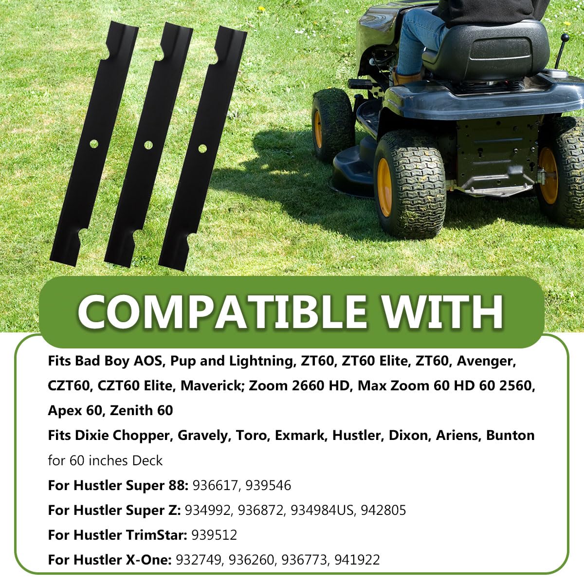 BCQNXX High Lift Mower Blades on lawn mower deck
