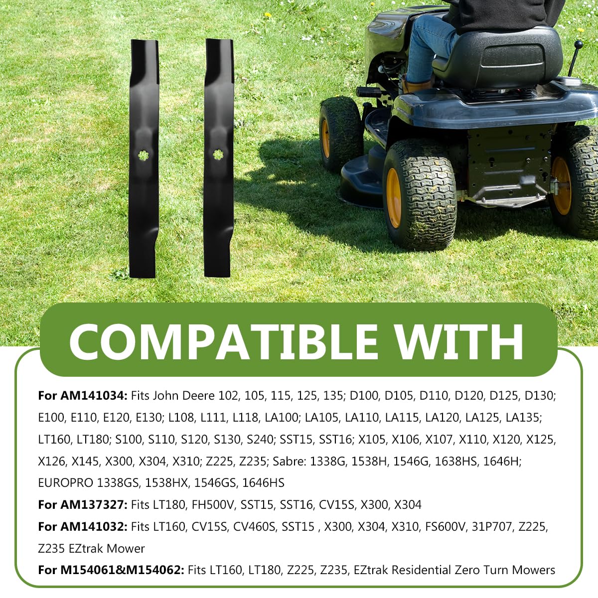 BCQNXX Lawn Mower High Lift Blade showing compatibility with John Deere models