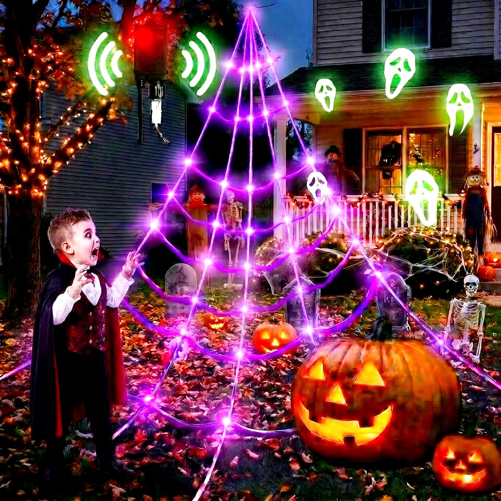 BEABOO Halloween Spider Web 20x17ft with 150 LED Purple Lights