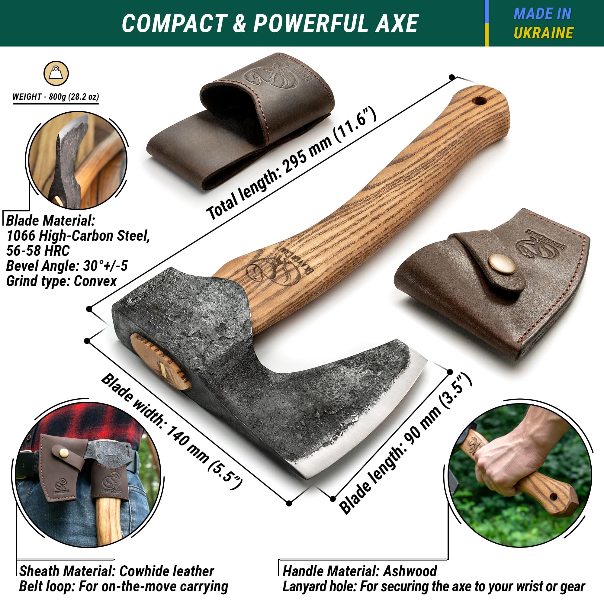 BeaverCraft Bushcraft Hatchet AX6 side view showing bearded design