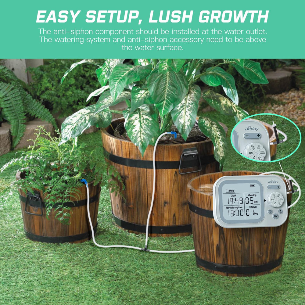 beday Automatic Plant Waterer in a garden setting with vibrant plants