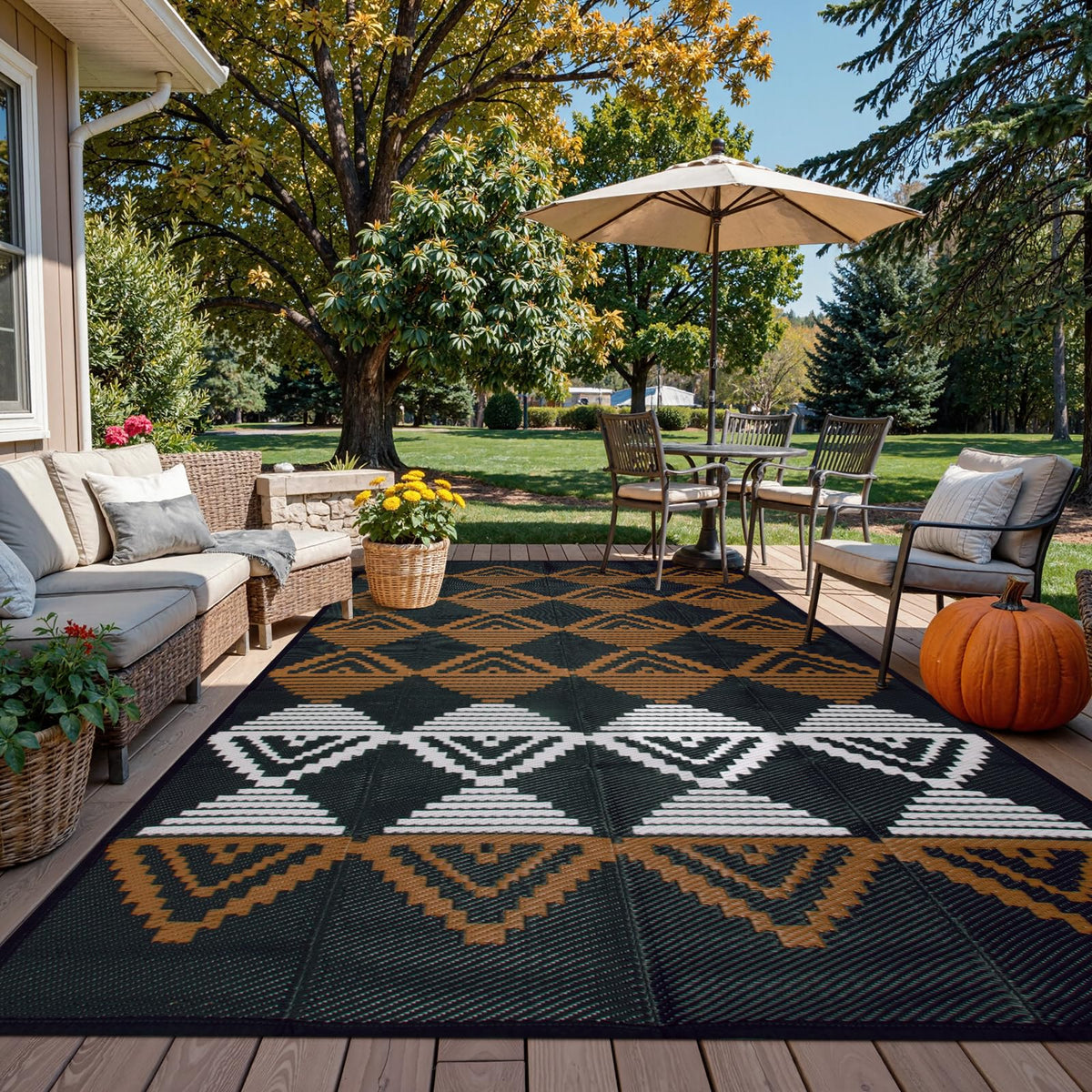 Beeiva Outdoor Rug 8x10 black and brown geometric design front view