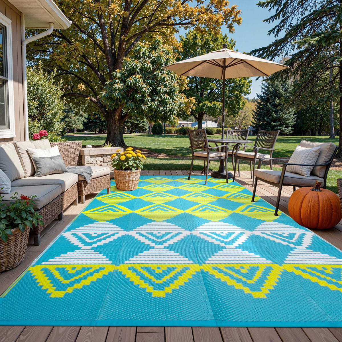 Beeiva Outdoor Rug 8x10 front view with geometric blue and yellow pattern
