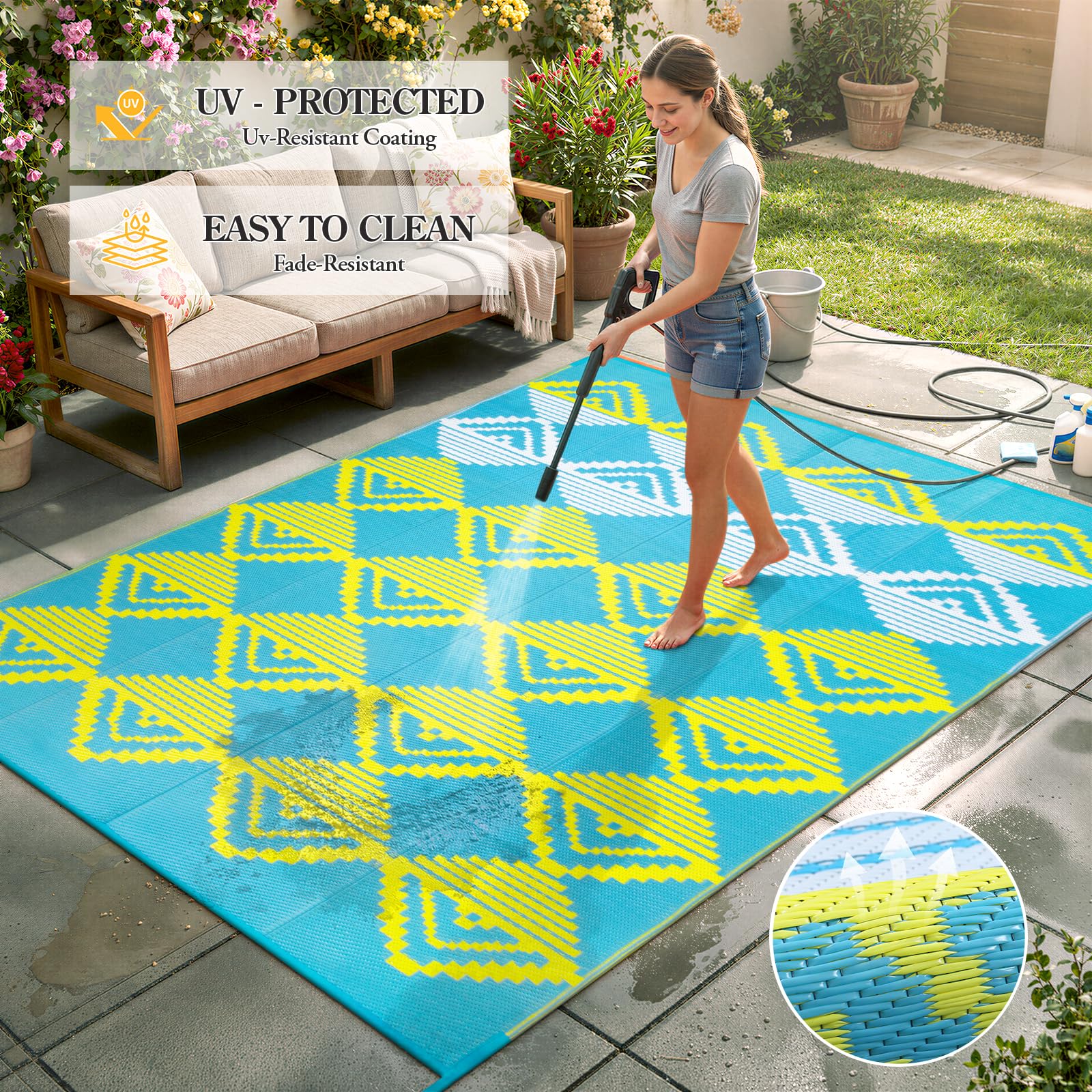 Beeiva Outdoor Rug 8x10 in a backyard setting with greenery