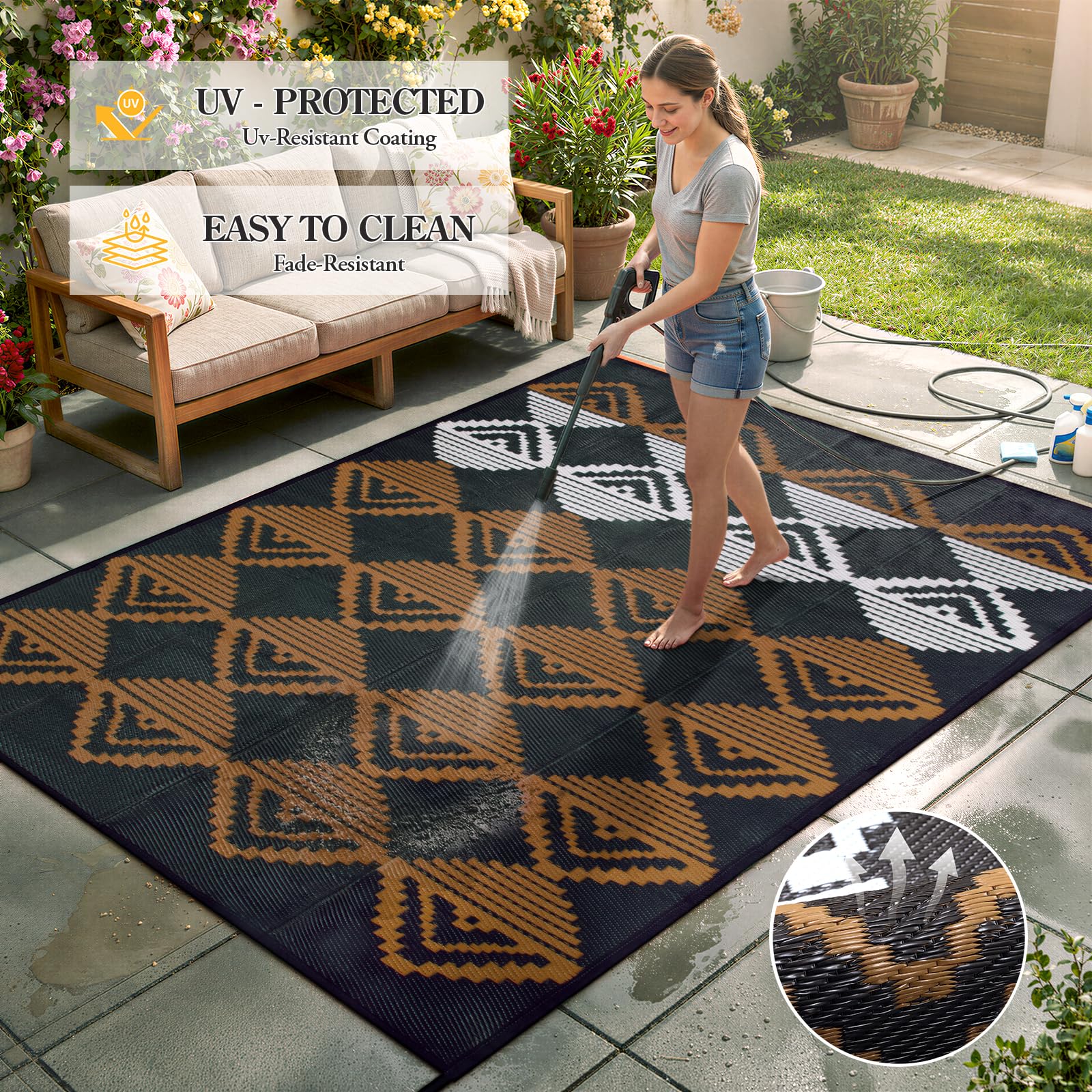 Beeiva Outdoor Rug 8x10 in backyard setting