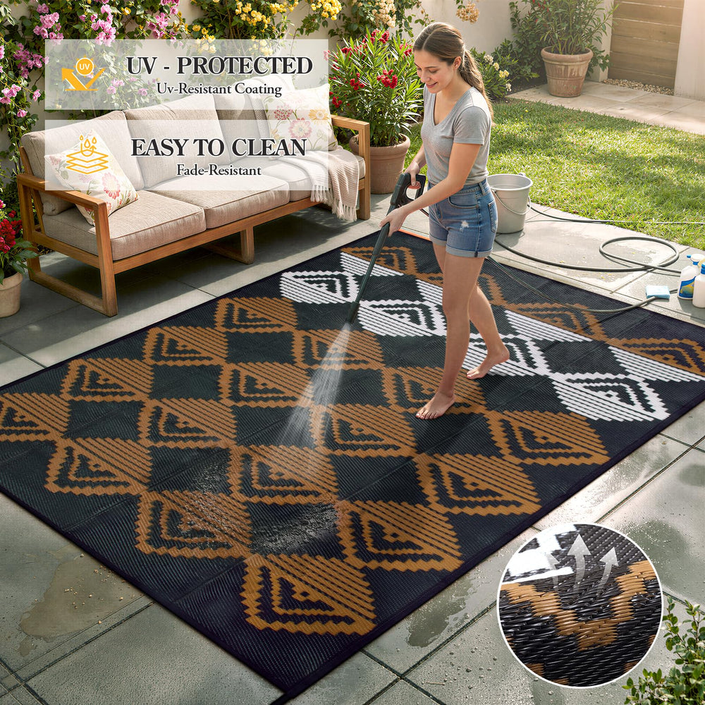 Beeiva Outdoor Rug 8x10 in backyard setting