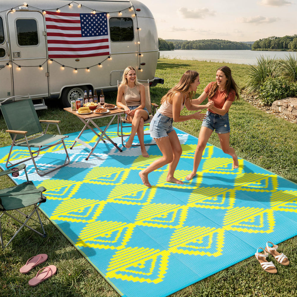 Beeiva Outdoor Rug 8x10 laid out on a patio with outdoor furniture