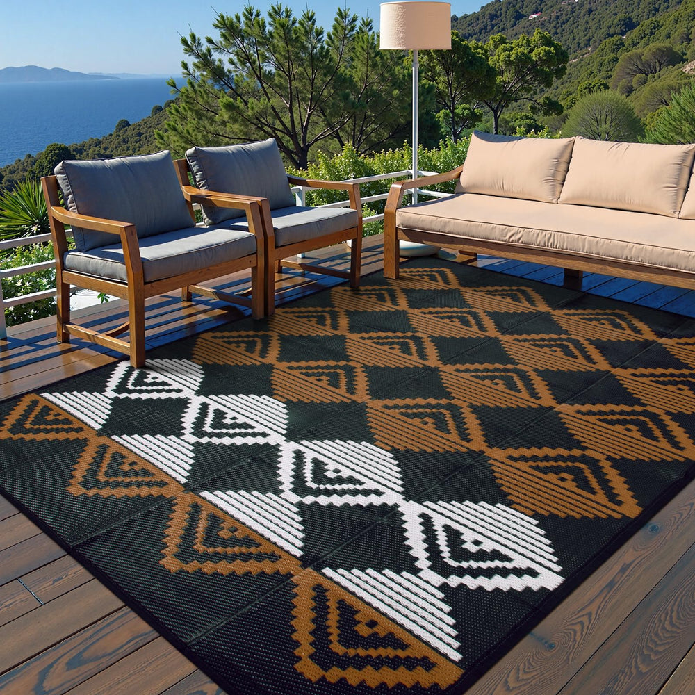 Beeiva Outdoor Rug 8x10 on patio with outdoor furniture