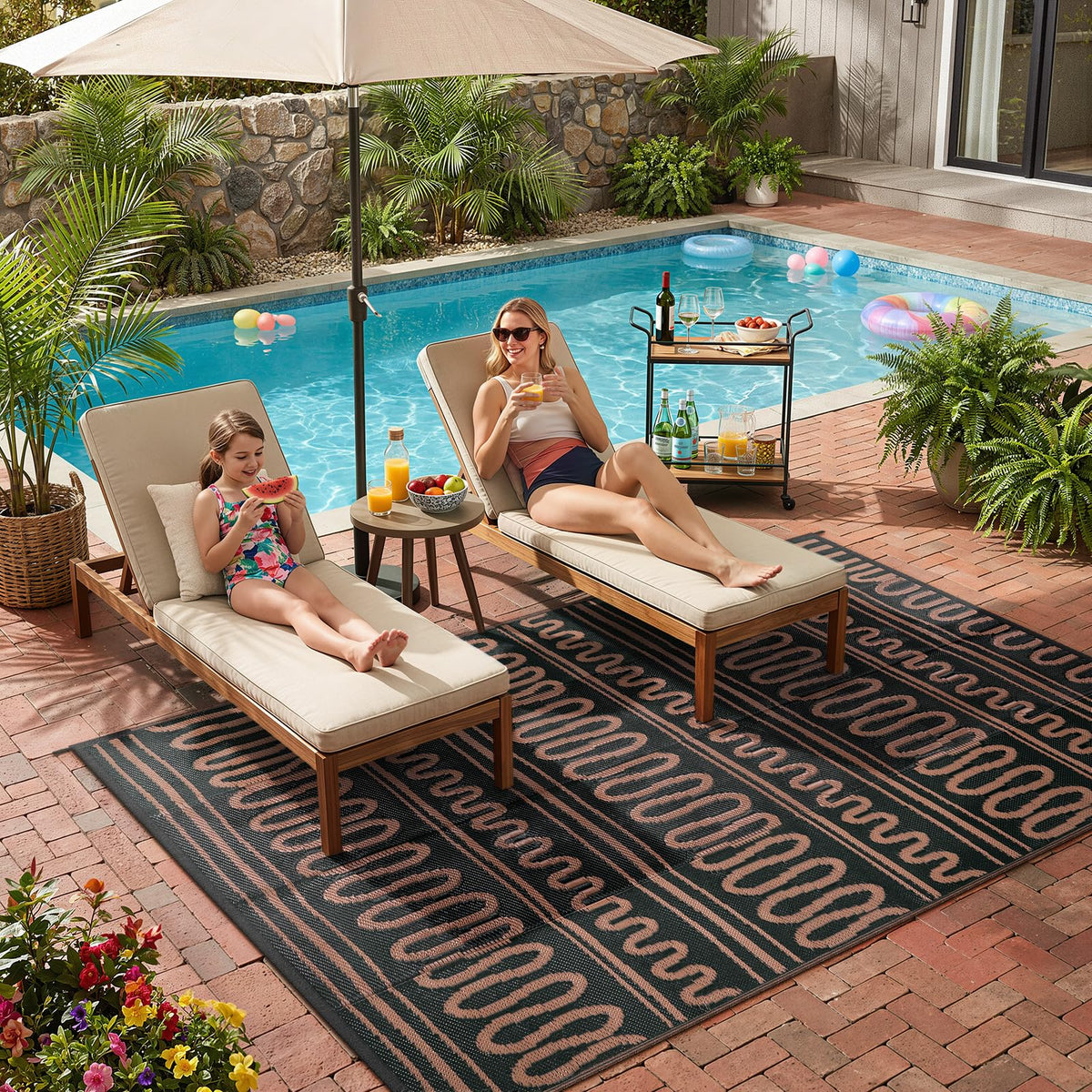 Beeiva Waterproof Outdoor Rug 6x9 black and brown striped design front view