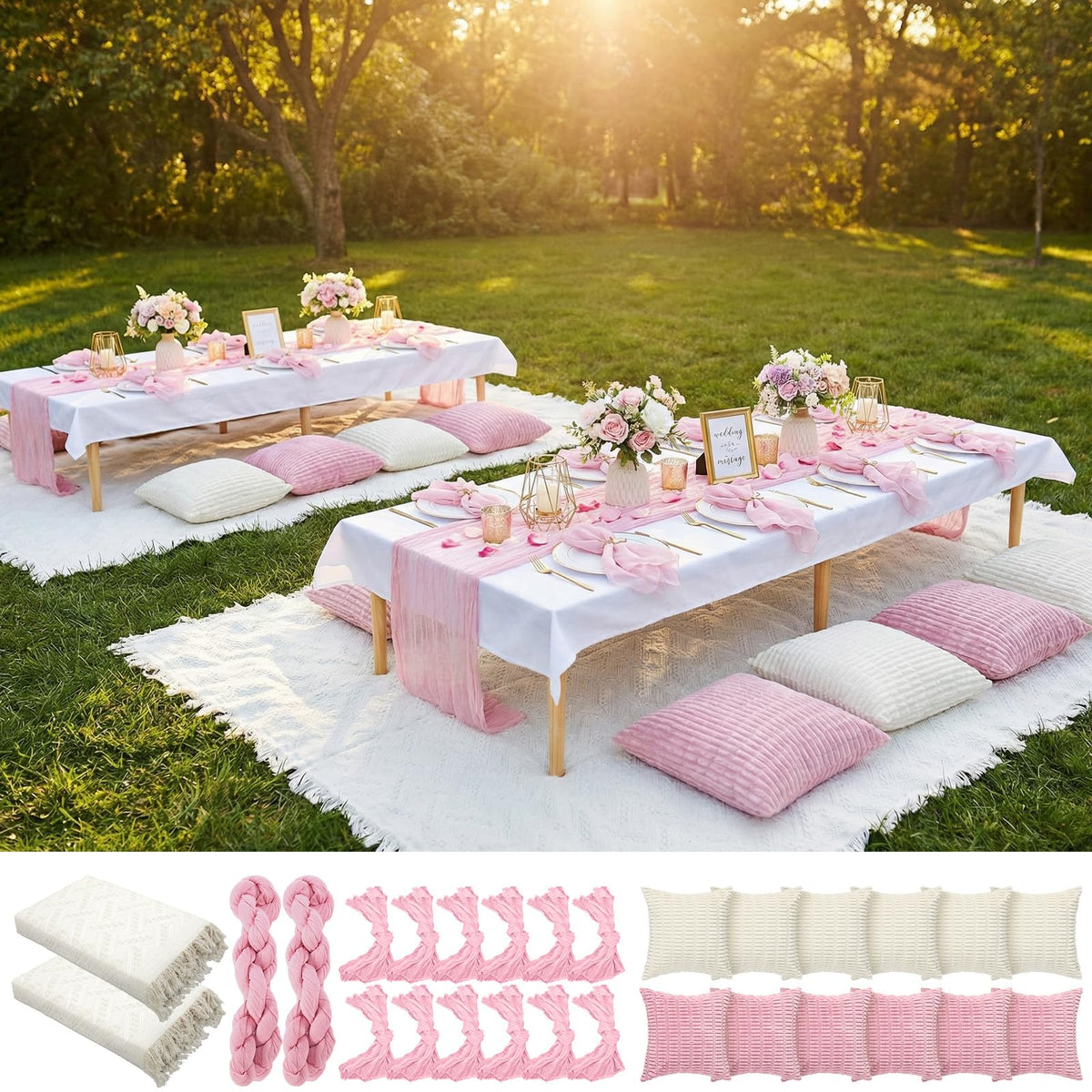 Beeveer Extra Large Pink Picnic Blanket Kit with blankets and accessories