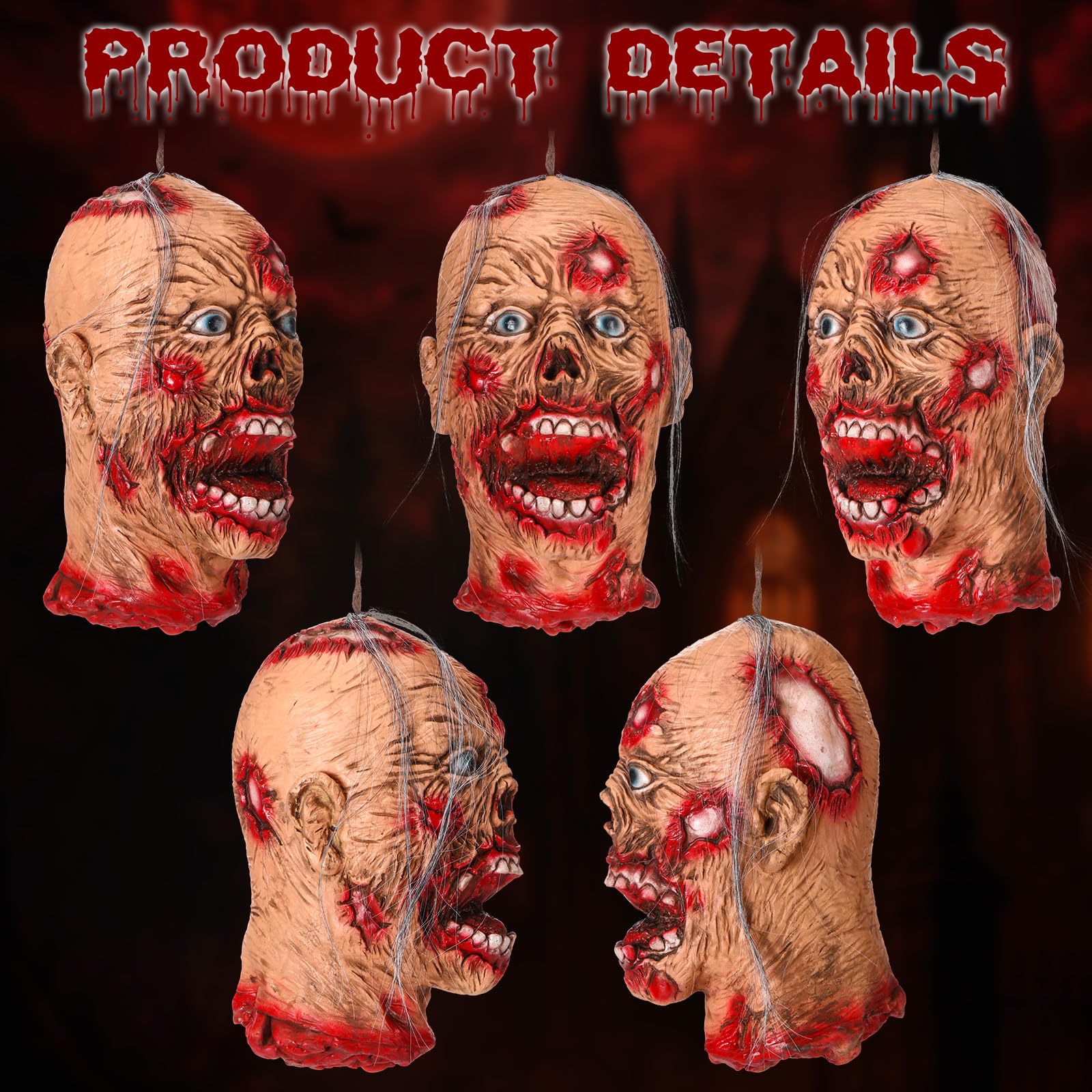 Beeveer severed zombie head props displayed in a Halloween setup