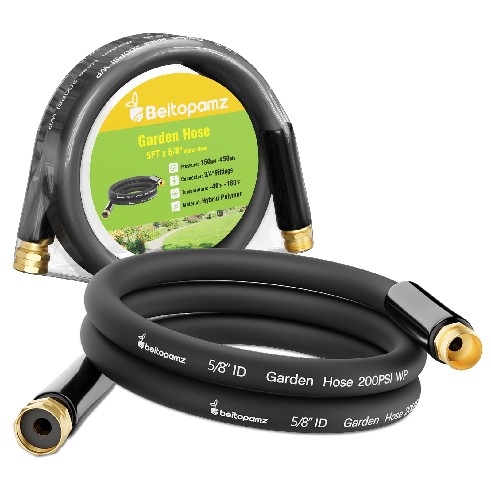 beitopamz 5 ft Short Garden Hose front view with brass fittings