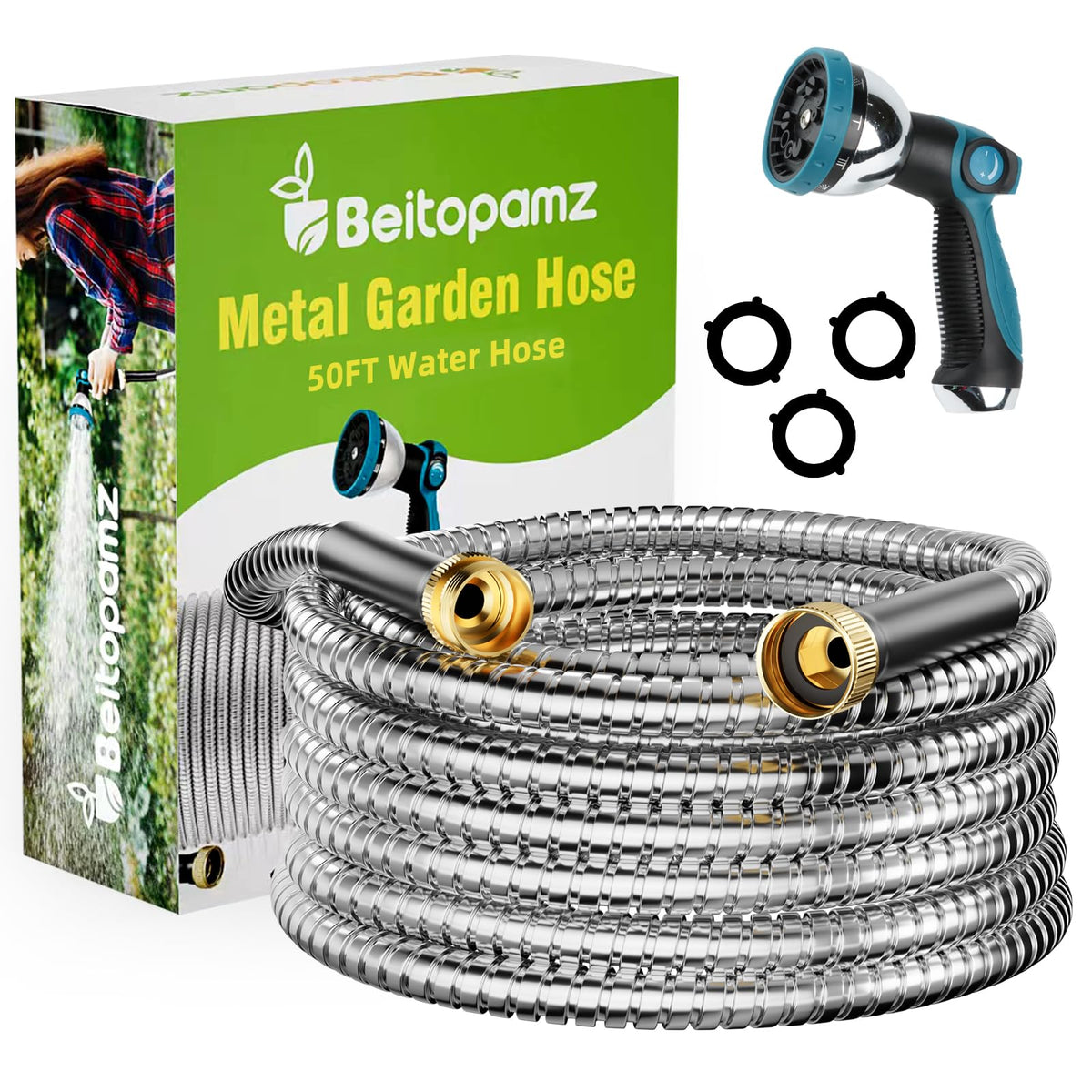 Beitopamz 50 ft metal garden hose silver color front view