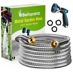 Beitopamz 50 ft metal garden hose silver color front view