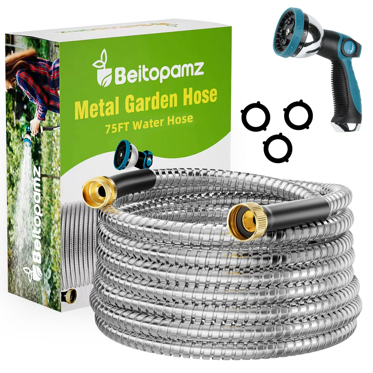 Beitopamz Metal Garden Hose 75 ft silver model with nozzle