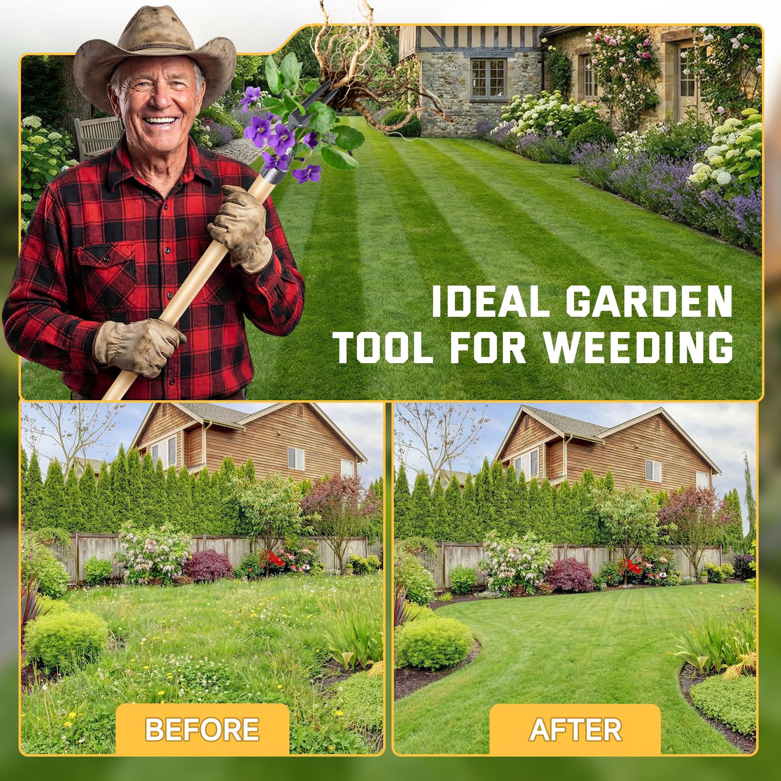 BellaJoyz Stand Up Weed Puller Tool displayed in a garden setting
