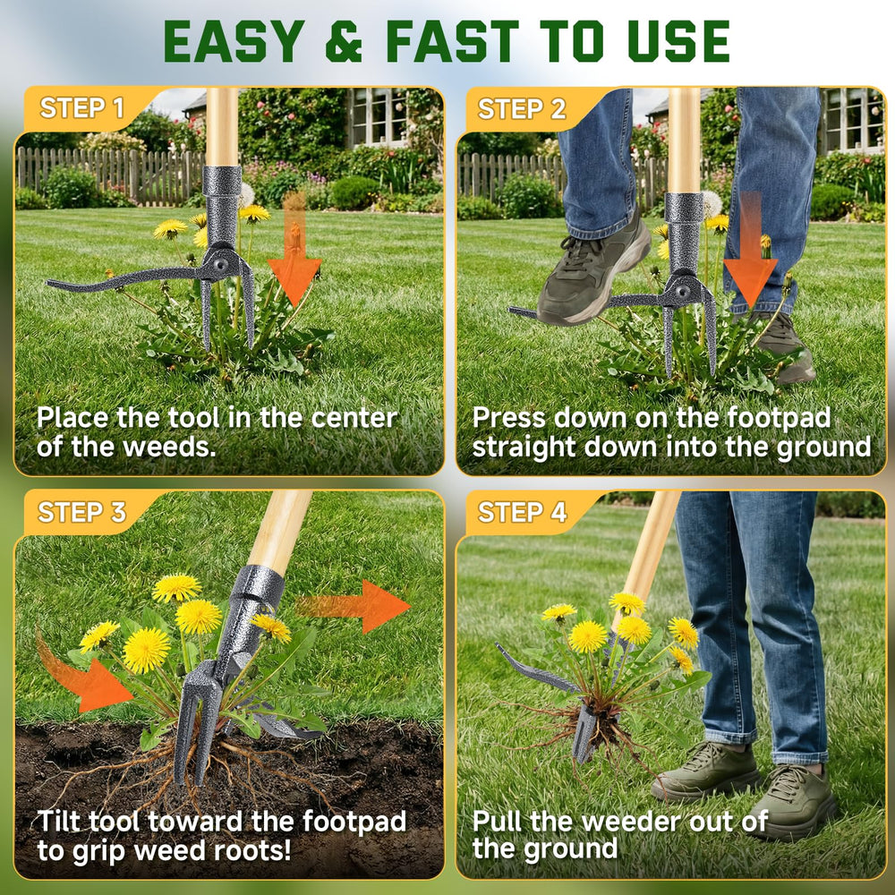 BellaJoyz Stand Up Weed Puller Tool in use removing weeds from garden