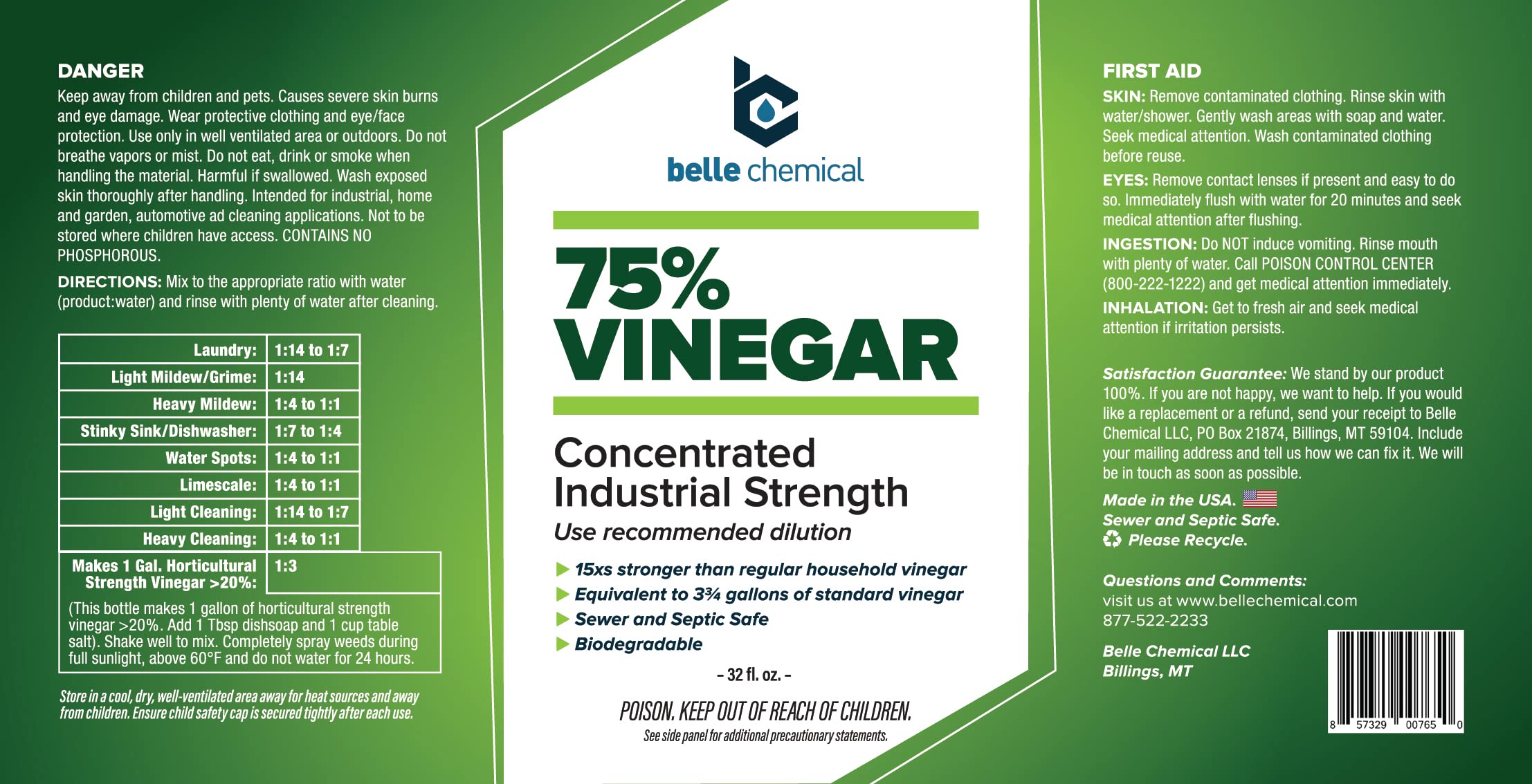 Belle Chemical 75% Pure Vinegar 32oz bottle side view showing label