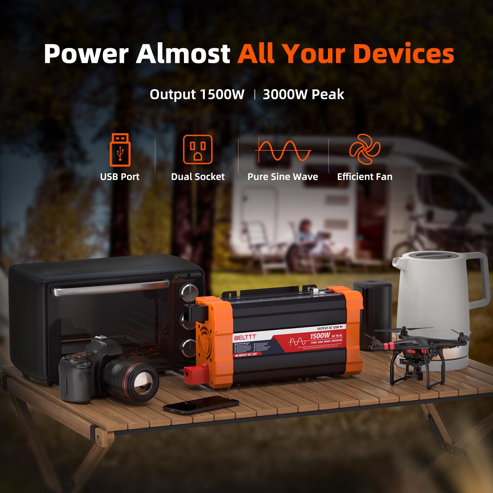 BELTTT 1500W inverter showing dual AC sockets