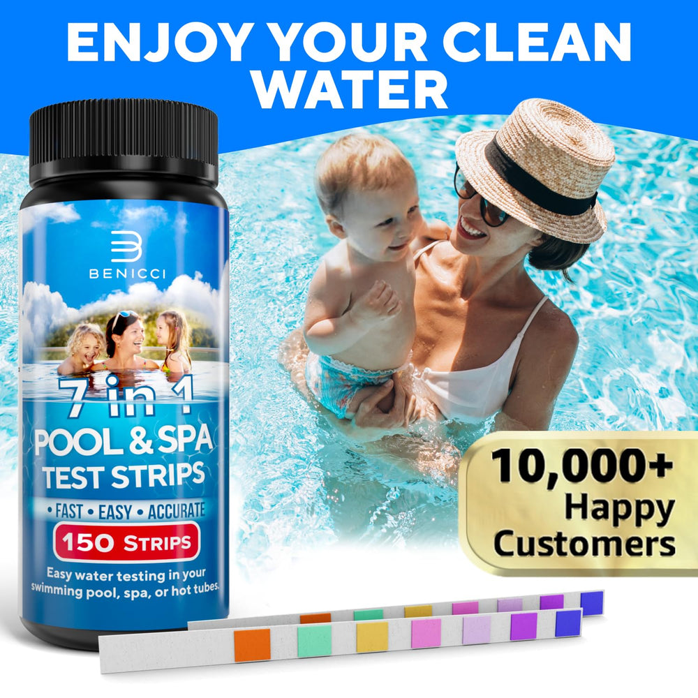Benicci pool test strip in water showing testing process