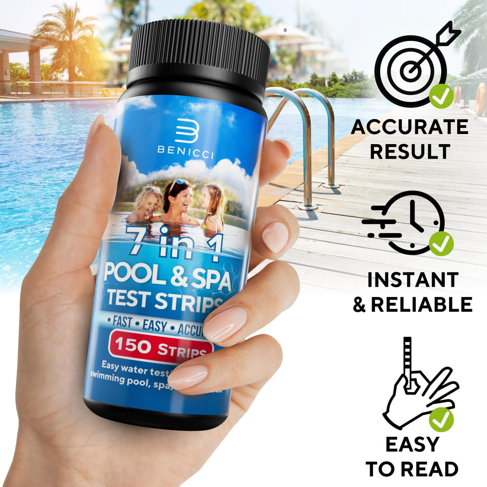 Benicci pool testing kit strips displayed with water sample