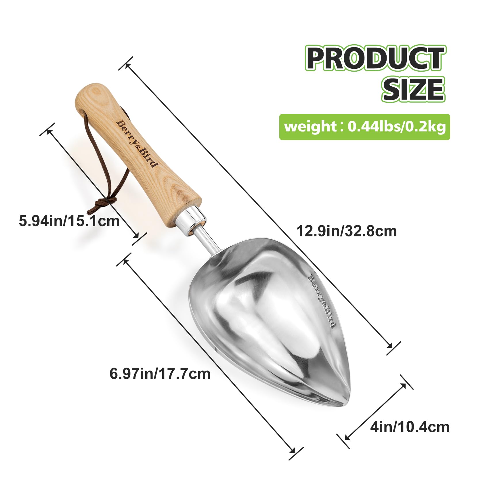 Berry&Bird oversized soil scoop showing ergonomic ash wood handle