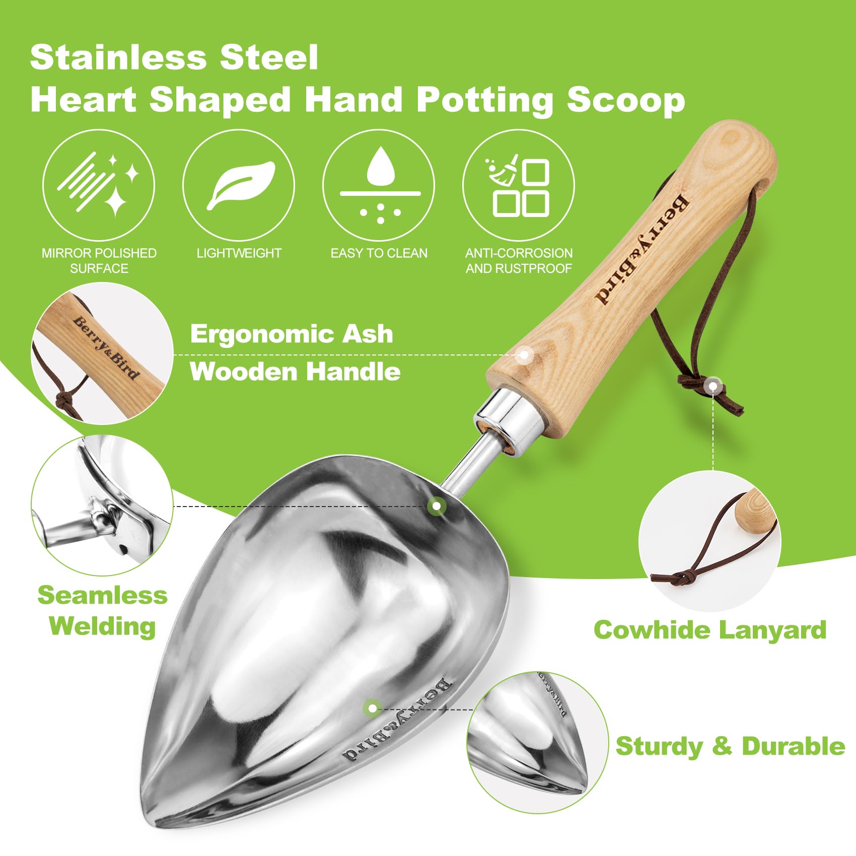 Berry&Bird oversized soil scoop with leather hanging loop