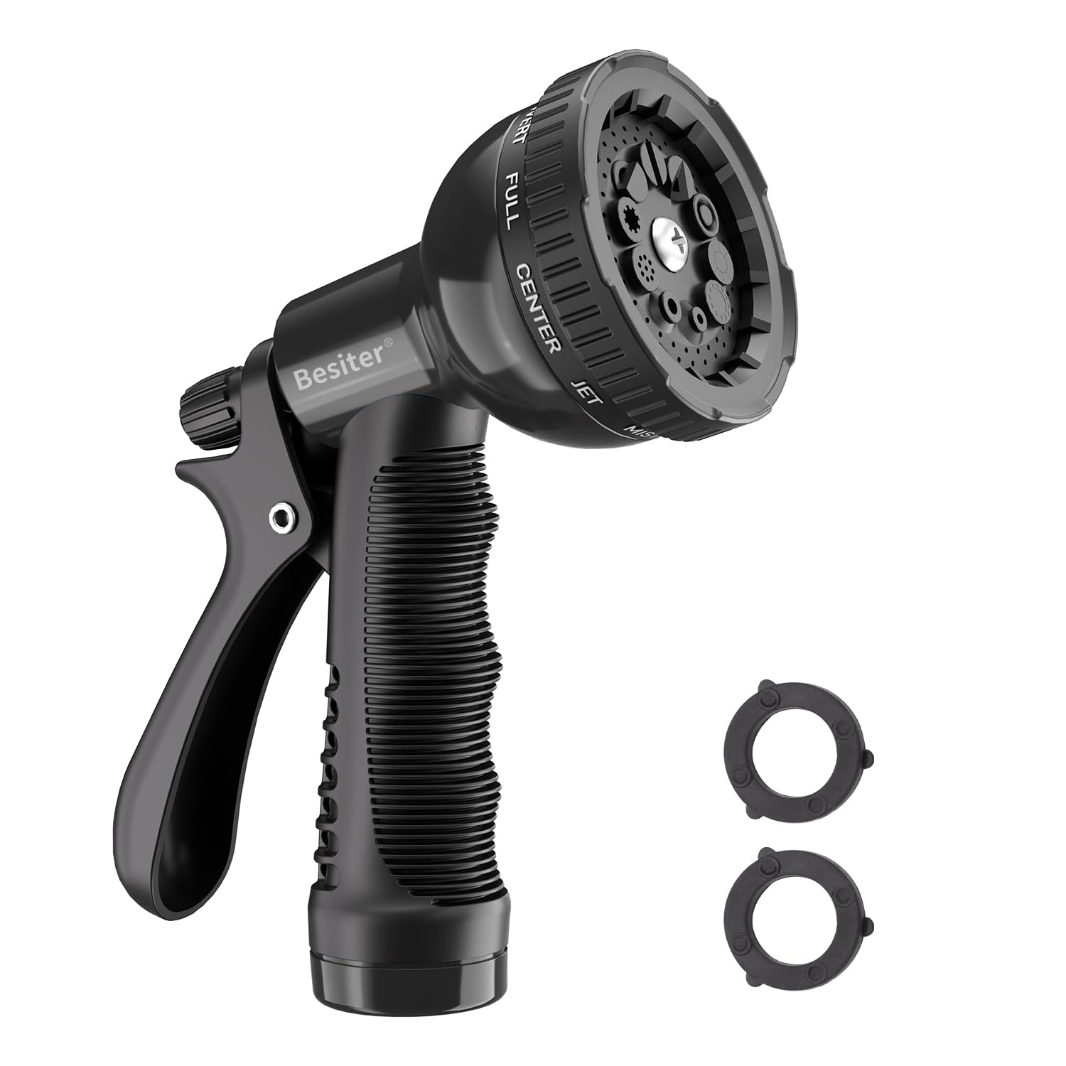 Besiter Garden Hose Nozzle Sprayer front view with ten spray pattern options
