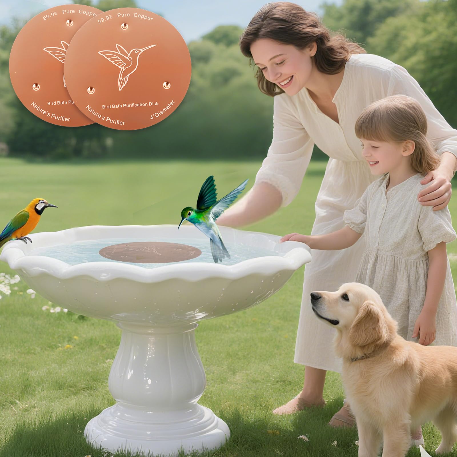 Bessny Bird Bath Copper Discs on patio