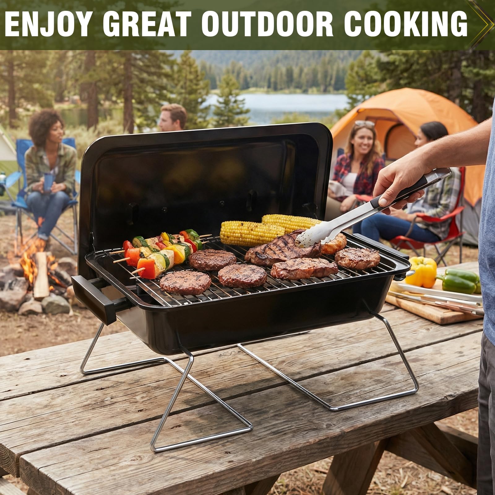 BESTFIRE Portable Propane Grill with burgers cooking