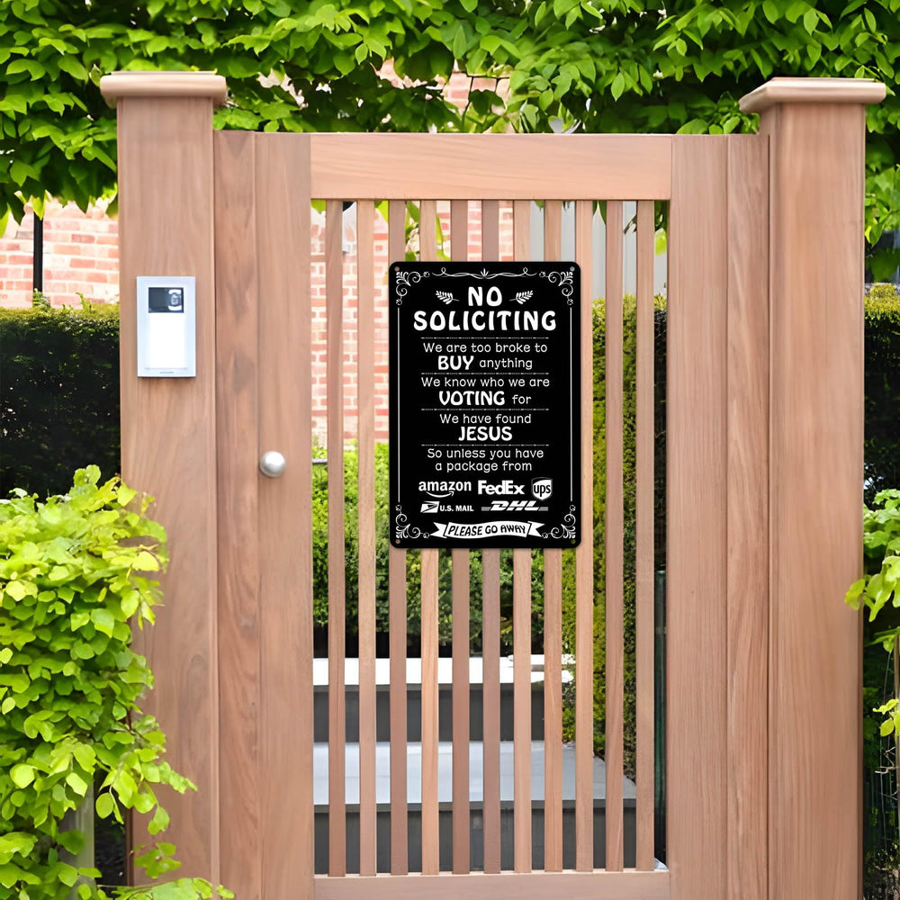 Bestylez no soliciting sign displayed in a garden setting