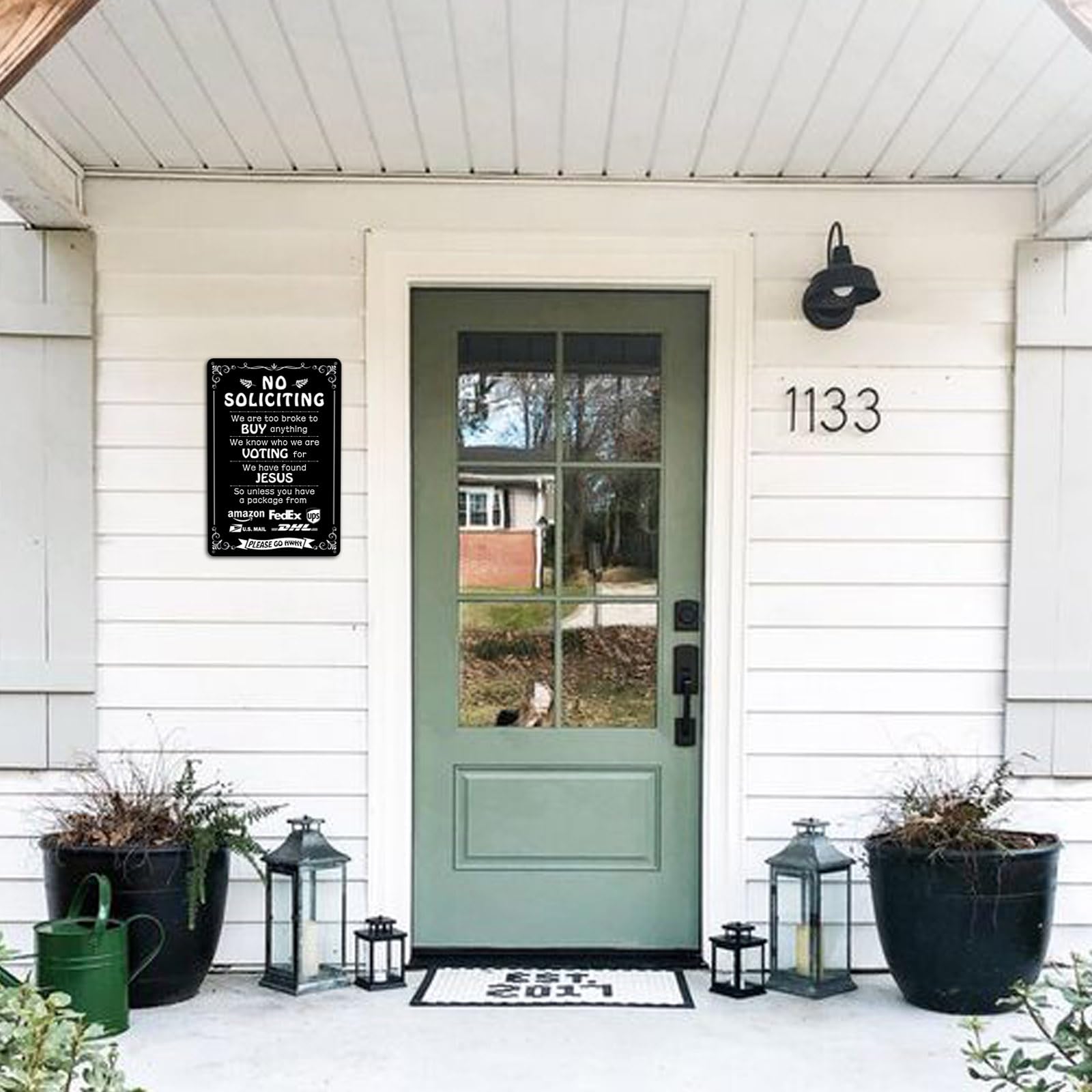 Bestylez no soliciting sign mounted on a front door