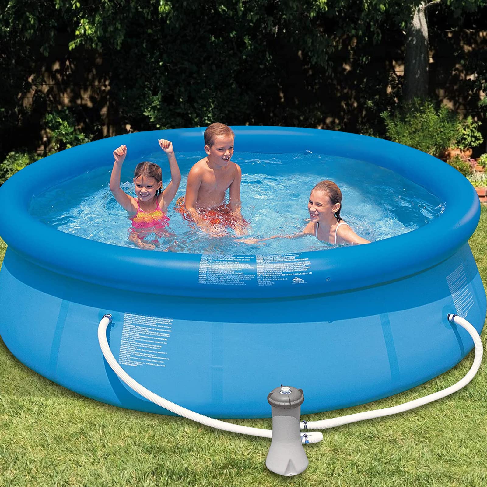 BEWAVE pool pump hoses displayed with accessories on a patio