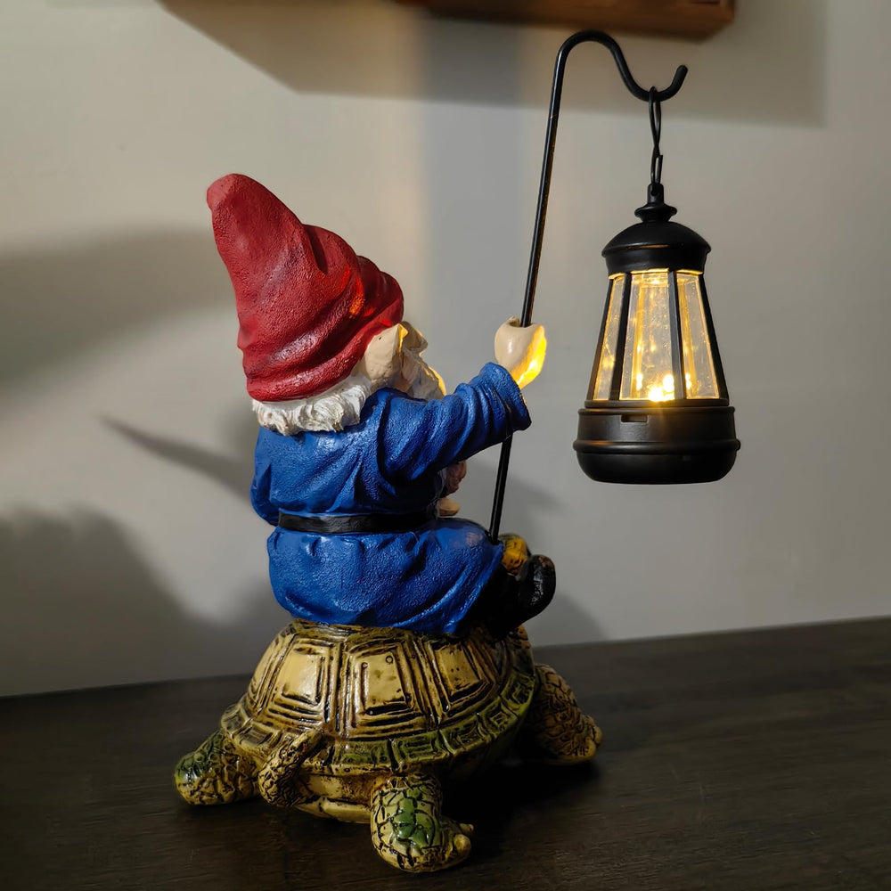 Bezseili garden gnome with solar lantern at dusk